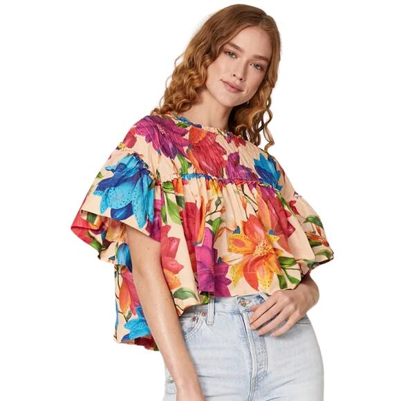 Farm Rio Top Womens Large Pink Orange Marys Garden Floral Tropical Boho Flutter - Picture 1 of 11